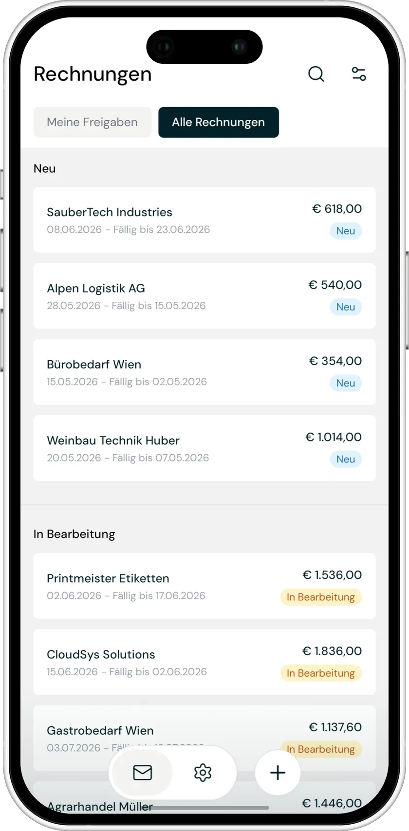 The ibana app on an iPhone, showing the invoice list
