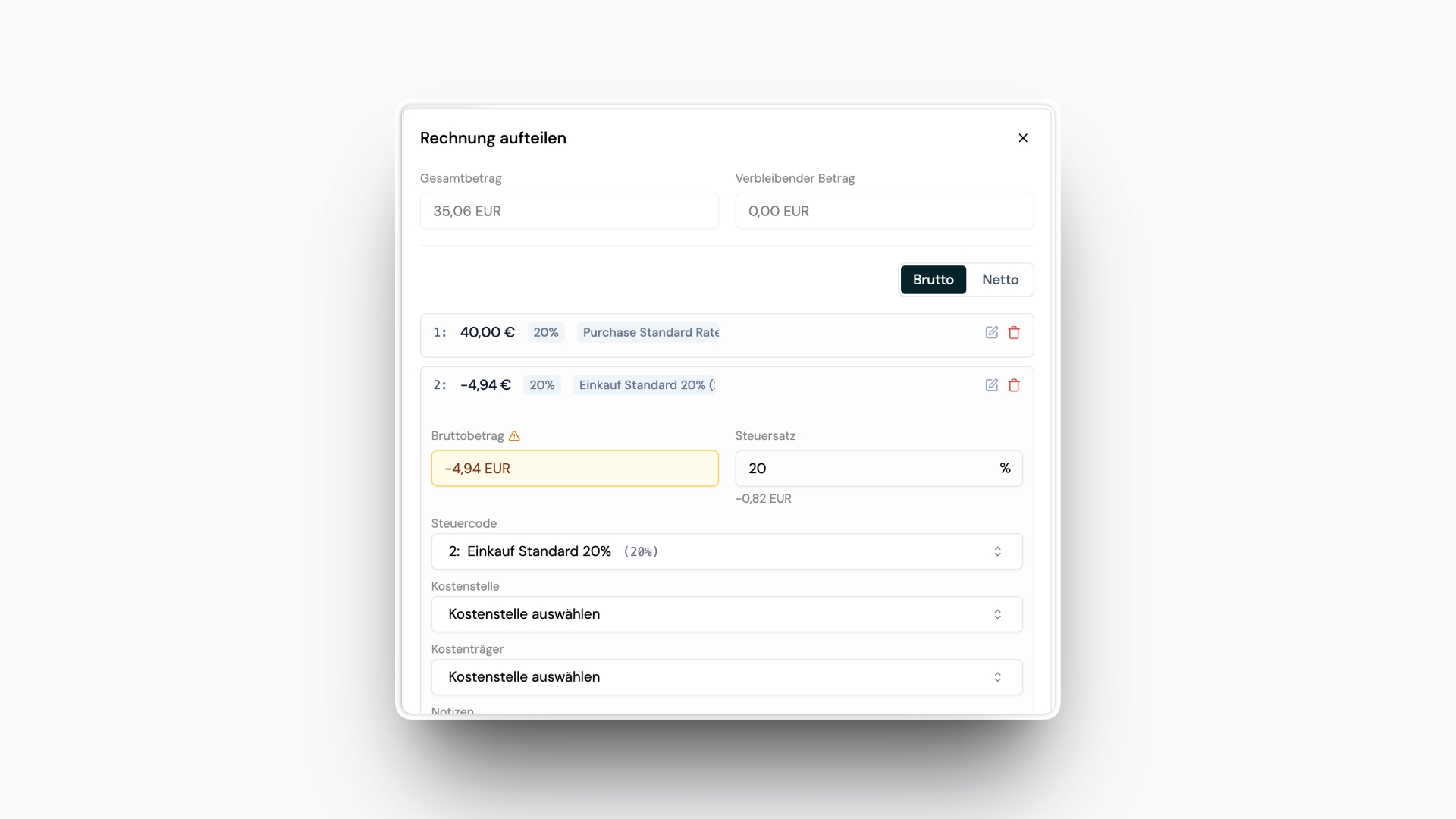 Negative Amounts for Invoice Splits